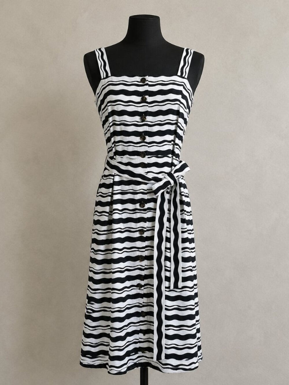 Ann Taylor Tweed Navy White Wavy Stripe Belted Flare Midi Dress L Pockets